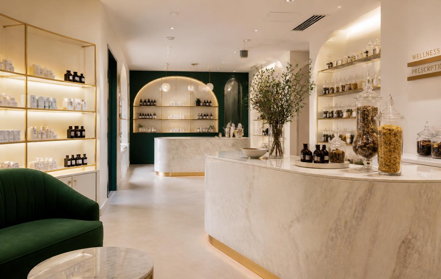 Elegant Vitl pharmacy interior with marble, gold fixtures, and green accents